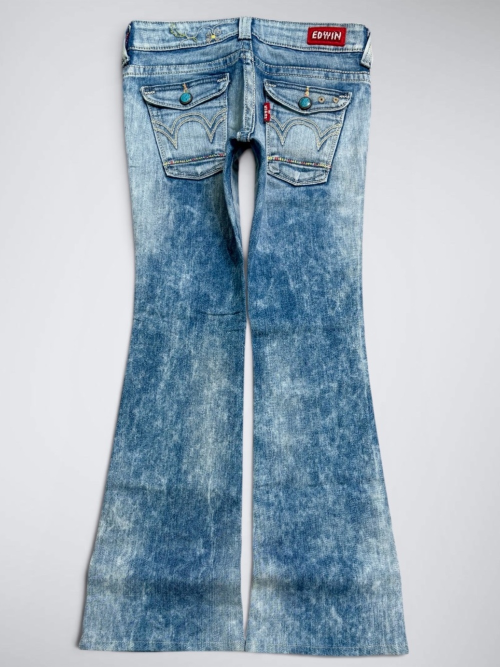 RARE VTG Archival Edwin Blue Trip Acid Cloud Wash Low Rise Flare Jeans | Turquoi